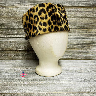 Vintage leopard animal print faux fur pillbox hat selling 60s