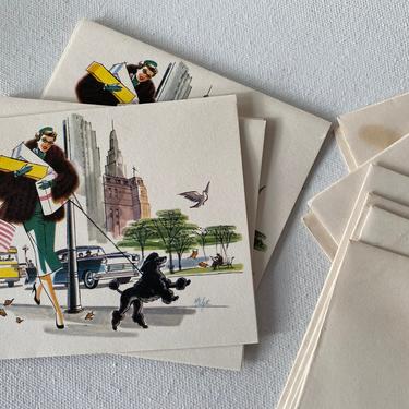 Vintage Notecards, Woman Shopping With Black Poodle, City Scene, Stuart Hall Cards,Signed By Artist, Small Blank Cards, Stationary, Set Of 6 