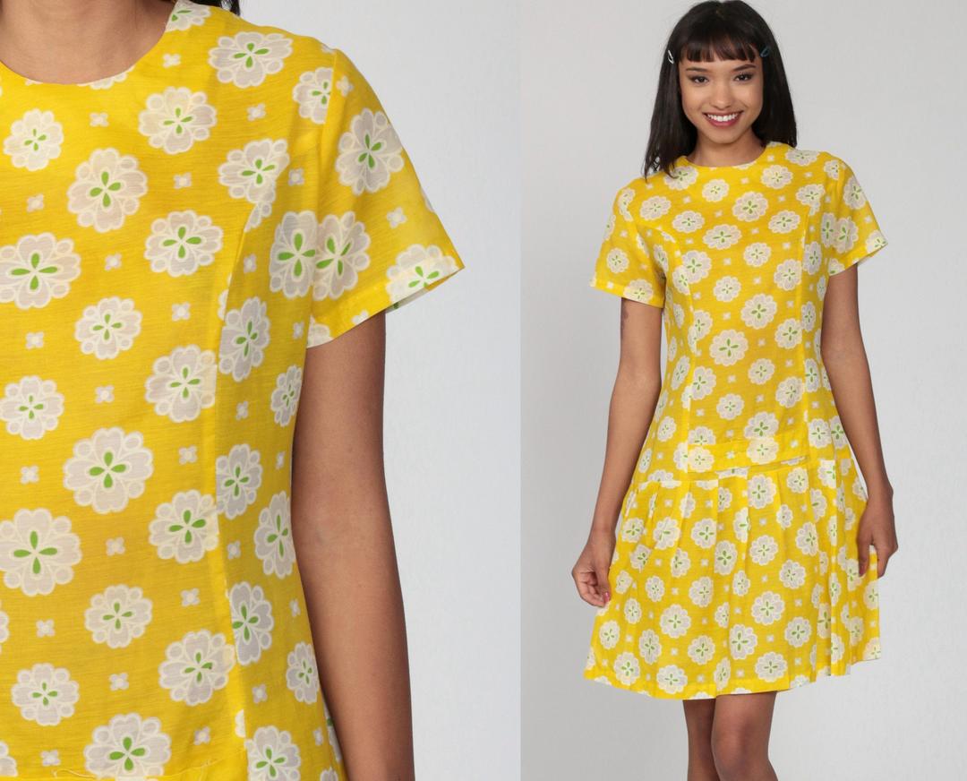 Yellow Scooter Dress 60s Mini Mod Floral Drop Waist PLEATED 1960 Shop Exile Tucson, AZ