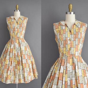 vintage 1950s dress | Kay Whitney Cotton Gold &amp; Sage Print Full Skirt Summer Shirt Dress | Small | 50s vintage dress 
