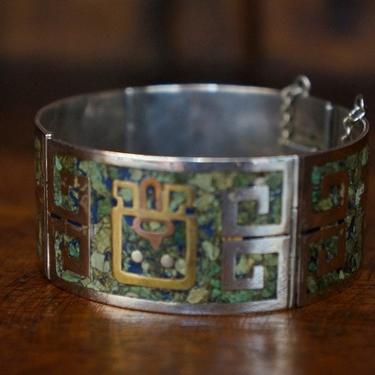 Taxco 1940s Aztec Turquoise Sterling Silver Bracelet 