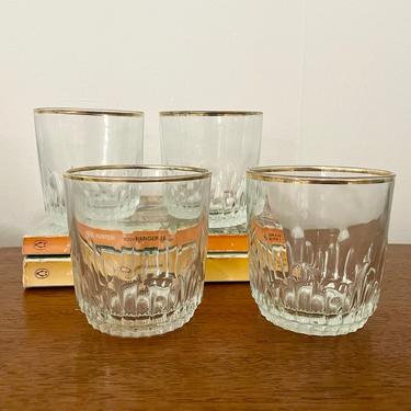 Set of 4- Vintage Pasabahce Glasses, Made in Turkey, Lowball Whiskey Cocktail Glasses with Gold Rim 