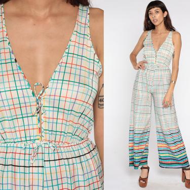 70s Bell Bottom Jumpsuit Sleeveless Pantsuit Lace Up Checkered Print Wide Leg White Romper Pants 1970s High Waisted Retro Small 