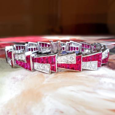 Vintage Ruby Diamond Bracelet Circa 1940's 17.40ct t.w. Lab Created Ruby & Diamond Platinum Bracelet Platinum Fits 6.5-6.75&quot; inch Wrist 