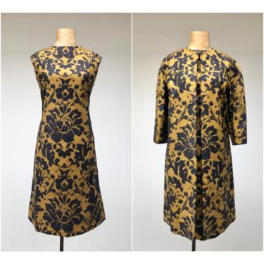 Vintage 1960s Sleeveless Floral Linen Sheath and Matching Coat, Brown/Black Mid-Century Dress and Jacket Set, Medium 