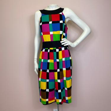 Vtg 1980s Kenar technicolor rainbow modernist dress 