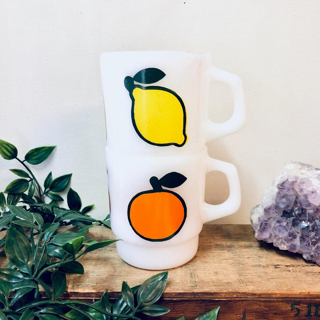 Anchor Hocking Mugs, Fire King Mugs, Super Fruit Stacking Mugs