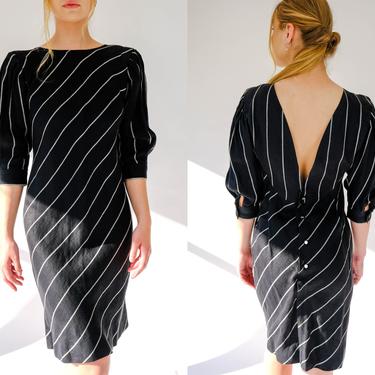 Vintage 80s Ungaro Paralelle Paris Charcoal Black & White Stripe Open Back Dress | Made in Italy | 100% Wool | 1980s Ungaro Designer Dress 