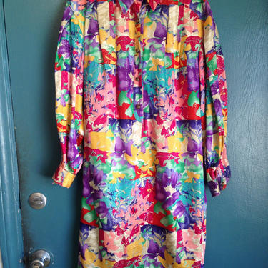 Vintage 80s 90s Anne Crimmons for Umi Collections Metallic Silk Floral Shirt Shift Dress Mod Rainbow Glitter Designer Abstract by InAFeverDream