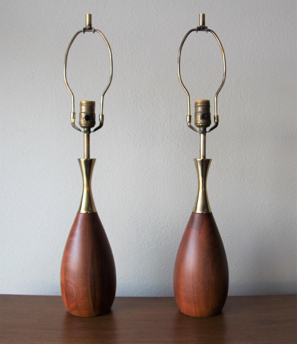 Mid Century Modern Walnut Brass Table Lamps by Tony Paul