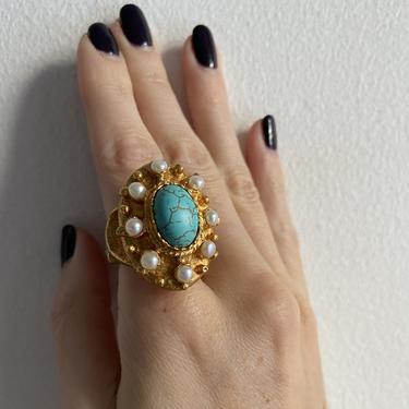 Huge Faux Turquoise &amp; Pearl Golden Statement Ring