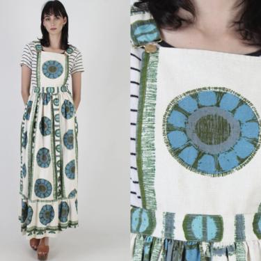 Vintage Mid Century Modern Dress / Scandinavian Floral Print Dress / Suspender Bib Dress / 70s Apron Dress / Muslin Cotton Maxi Dress 