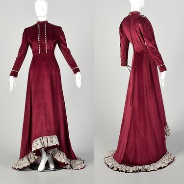 1970s Prairie Wedding Dress Train Cottagecore Burgundy Velvet Gown Medieval Princess 