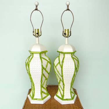 Pair of Faux Bamboo and Cane Ginger Jar Lamps