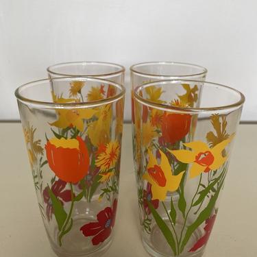 4 Vintage Hazel Atlas floral drinking glass, Wild Flower Tulip glasses, Sour Cream Glasses, retro drinking glasses, barware 