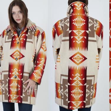 Southwestern Print Blanket Coat / Large Shawl Collar / Concho Button Native American Western Jacket 