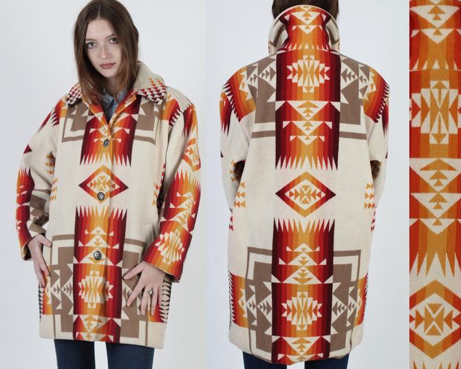 Southwestern Print Blanket Coat Large Shawl Collar Concho Button Native American Archive San Diego CA