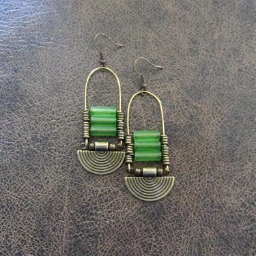 Green sea glass earrings, chandelier earrings, statement earrings, bold earrings, etched brass earrings, tribal ethnic earrings, chic 
