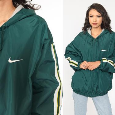 Hooded Nike Jacket Green Nylon Jacket 90s Hood Jacket Striped Jacket Windbreaker Hooded Jacket Vintage 1990s Extra Large xl 