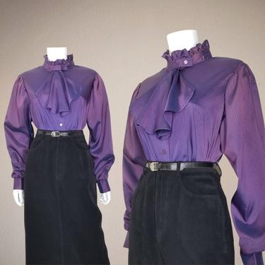 Vintage Steampunk Blouse, XL Large / Iridescent Purple Jabot Collar Blouse / Ruffled Neck Cocktail Blouse / Victorian Revival Button Shirt 