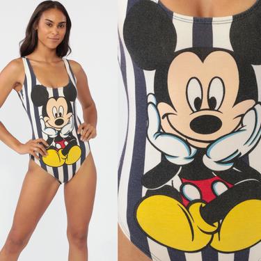 Mickey Mouse Swimsuit 1990s Striped Disney Bathing Suit One Piece Swim Suit 90s Swimsuit Vintage Scoop Low Back Mickey &amp; Co Small Medium 