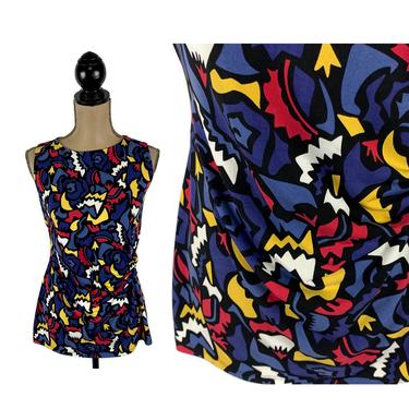 Y2K Colorful Tank Top, Abstract Print Stretch Knit Blouse, Sleeveless Ruched Casual, Summer Clothes Women, Vintage Clothing 2000s Ann Klein 