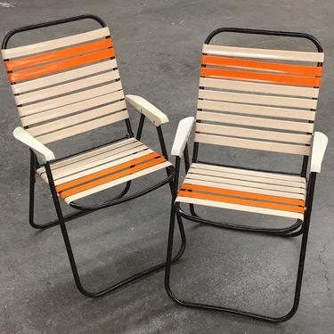 Vintage Lawn Chair Set Retro 1970s Mid Century Modern + Creme + Orange + Vinyl Straps + Black Metal Frames + Set of 2 + Fold Up + Outdoor 