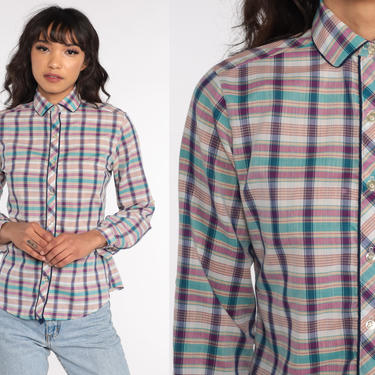80s Plaid Shirt Cotton Purple Turquoise Checkered Blouse 1980s Peter pan collar Shirt Vintage Button Up Top Long Sleeve Small 