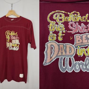 Vintage 80s Soffe Maroon Best Dad in the World Short Sleeve T-Shirt - Eighties Heat Press Iron On Tee - Fits like Men's Small 