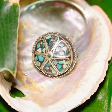 Vintage Silver &amp; Turquoise Mosaic Inlay Flower Dome Ring, Unique Turquoise Ring With Silver Details, Statement Ring, Size 5 US 