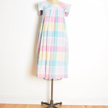 vintage 80s caftan dress pastel plaid babydoll lounge midi gown cotton S M rainbow clothing 