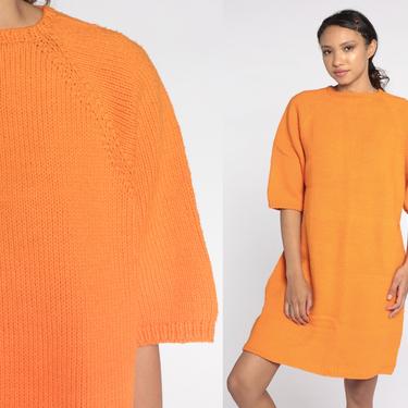 Orange Knit Dress 70s Sweater Dress Mini Boho Vintage 60s Shift Dress 1/2 Sleeve Bohemian Dress Winter 1970s Dress Bright Large xl l 