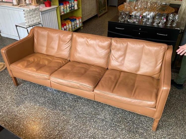 Long leather couch. 87” long, 32.5” deep, 30” tall. Seat height 17”