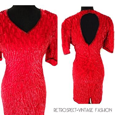 Vintage RED beaded dress, sequin holiday dress w/keyhole back dress, red cocktail party dress,  embellished sheath dress, size  s 6 eur 34 