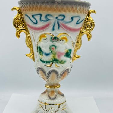 Vintage Italian Capodimonte Style Ceramic  Gold Gilt Vase-  12&amp;quot;  Norleans Italy 
