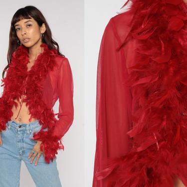 Sheer Red Feather Top Festival Mesh Jacket Tie Front Cover Up Y2K Bohemian Retro Evening Wear Lingerie Robe Sexy Clueless Small Medium S M 