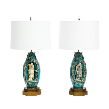 Marcello Fantoni Pair of Superb Ceramic Table Lamps with Chinese Motifs 1950s