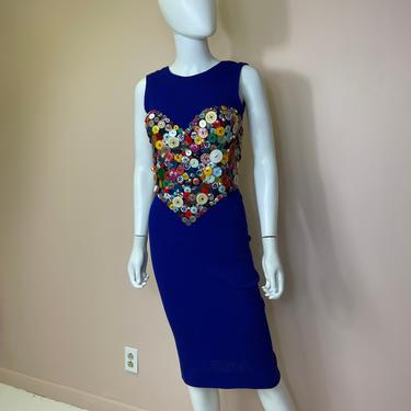 Vtg 80s Patrick Kelly body con heart button dress SM 