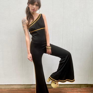 Vintage 60s Ultra bell bottom Disco Metallic gold Black Selena One shoulder sleeve Jumpsuit S M 