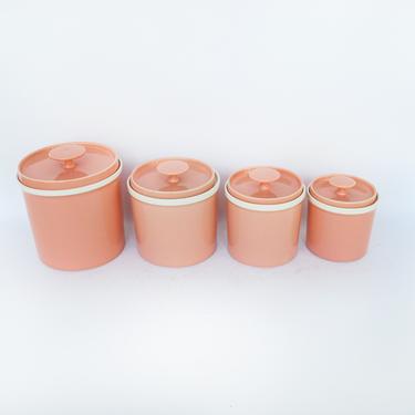 Set of 4 Midcentury Ceramic Salmon/Coral Light Pink Canisters with Button Top Lids - Made in Japan 