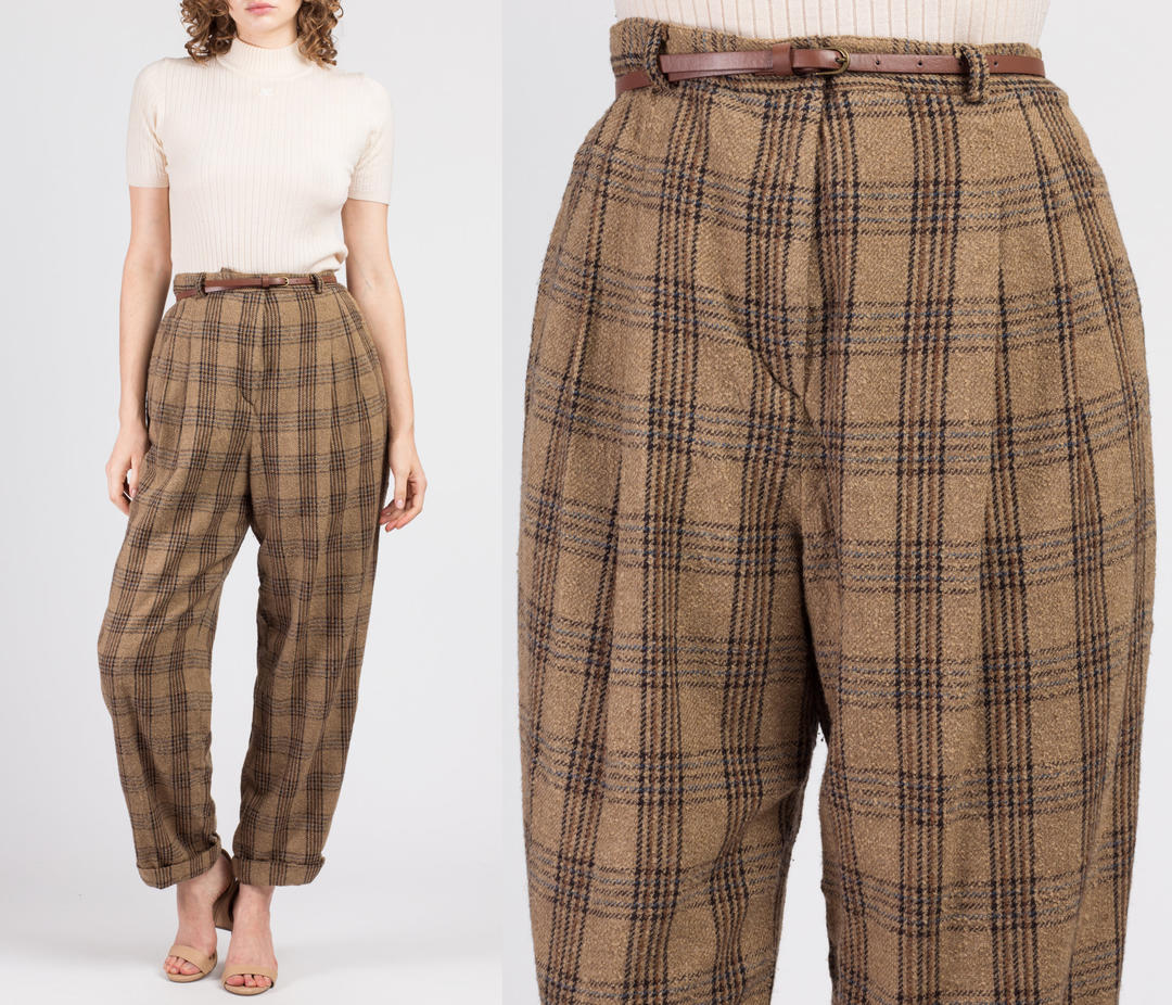 80s High Waisted Plaid Pants - Medium to Large, 30, Flying Apple Vintage