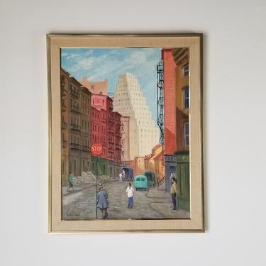 1970s &quot;Nater Street&quot; Cityscape Painting by B. Kossloff, Framed. 