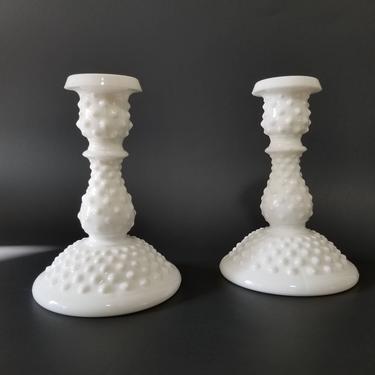 Vintage Milk Glass Candlestick Holders / Fenton White Hobnail Candle Holders / Large Taper Candle Holder / Mid Century Holiday Table Decor 