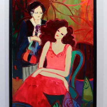 Mid Century Modern Framed Acrylic Painting Signed Sanmier Women Musicians Violin 