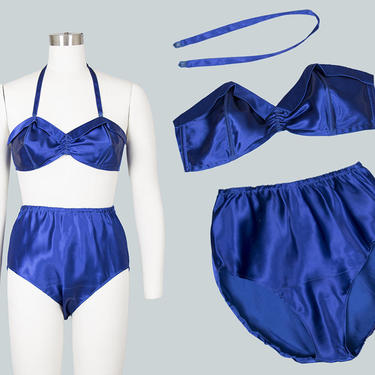 Vintage 1940s Lingerie Set | 40s French Royal Blue Rayon Satin Bullet Bra High Waisted Panties Underwear (xs) 