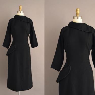 vintage 1950s dress | Gorgeous Holiday Black Wool Cocktail Party Dress | Small Medium | 50s vintage dress 