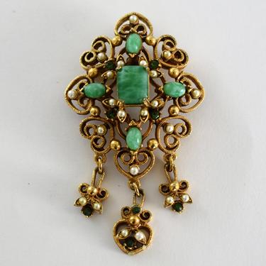 Ornate 60's Florenza Renaissance style brooch, big Peking glass faux pearls green rhinestones gold plate statement pin 