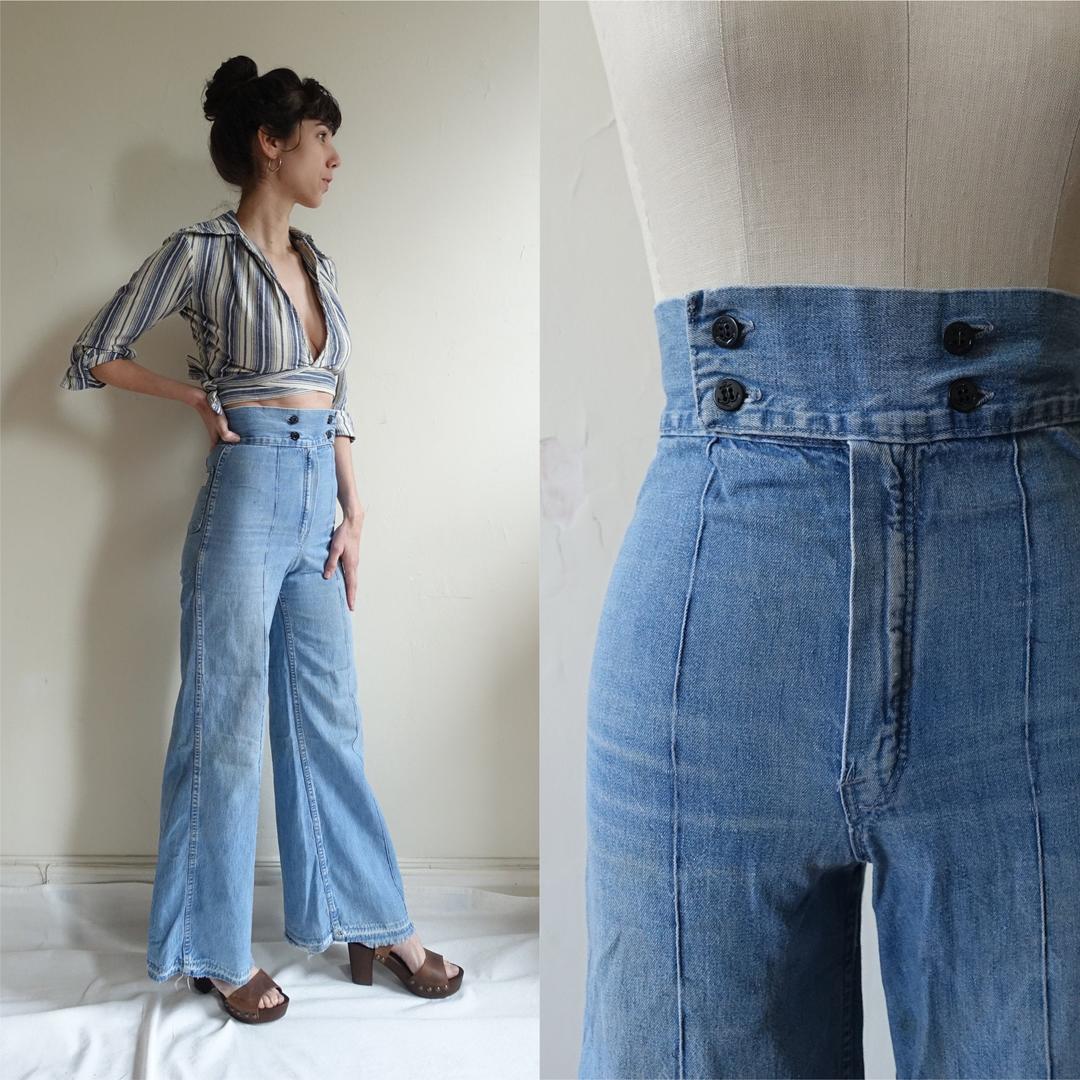 DENIM SAILOR JEANS Wide Leg Boho Bohemian Culotte High Waist 