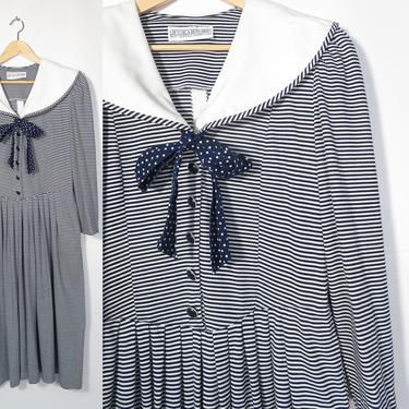 Vintage 80s Nautical Navy Blue Striped Bib Collar Dress Size 16 XL 
