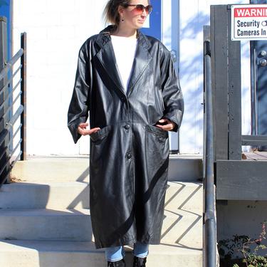 Vintage 1980s Black Leather Coat, JF Jacqueline Ferrar, Size 2X Women, Maxi Coat, Pockets Coat, Dolman Sleeve Coat 